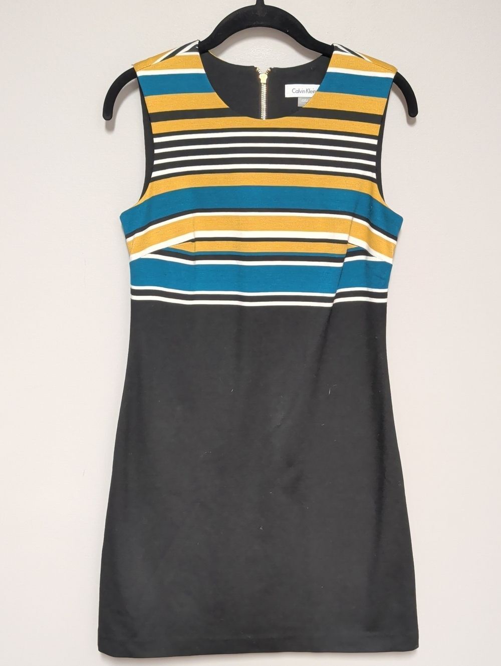 Calvin Klein Black Dress with Mustard and Teal Stripes